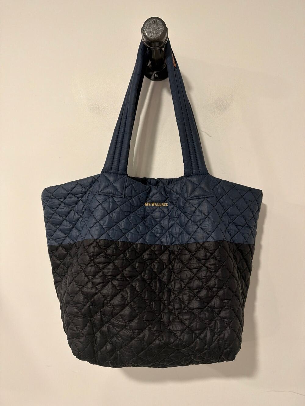MZ Wallace Quilted Metro Tote Black and Blue with Leather Trim